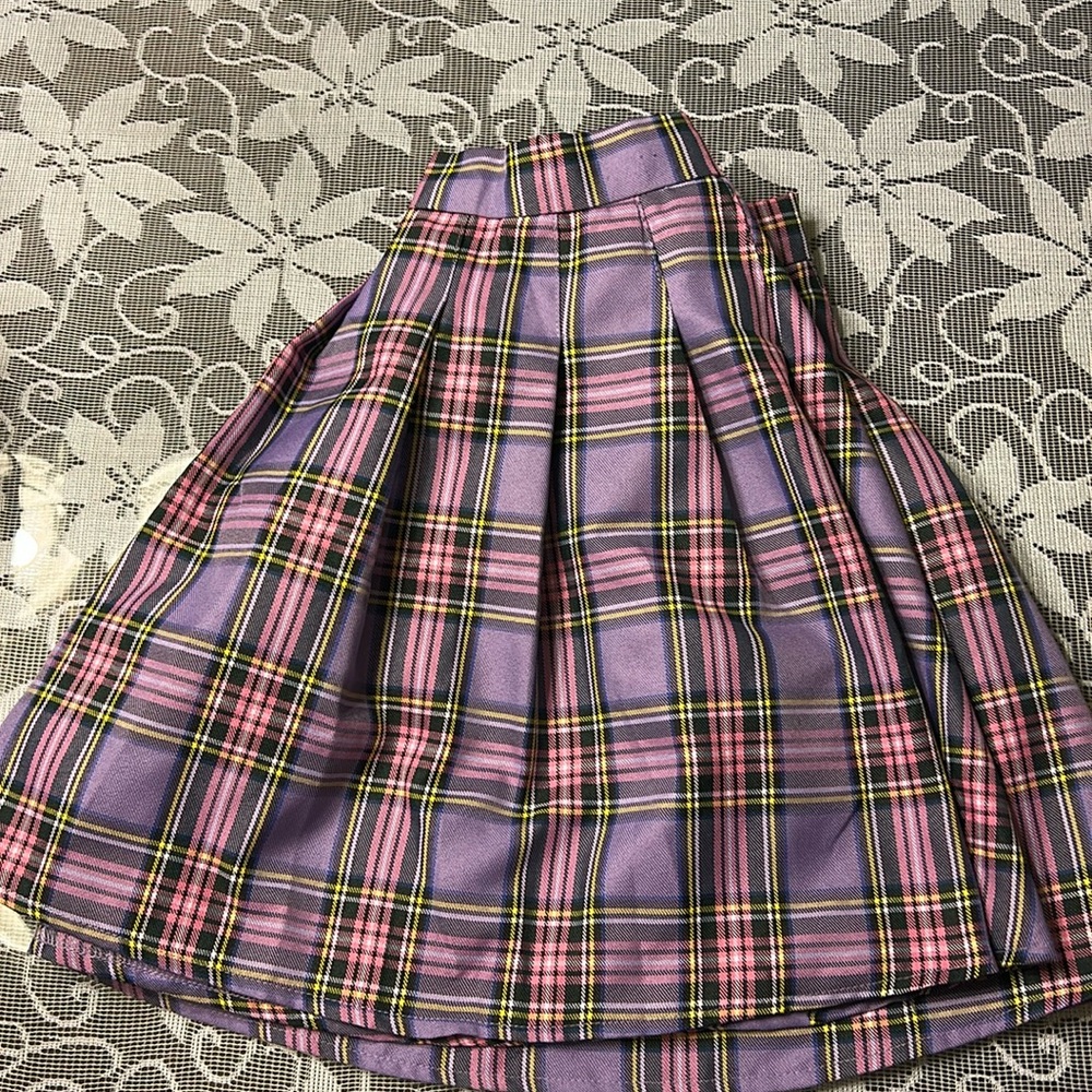 Anime Girl Checker Print Skirt - Women’s Large (Purple with Pink Yellow Accents)